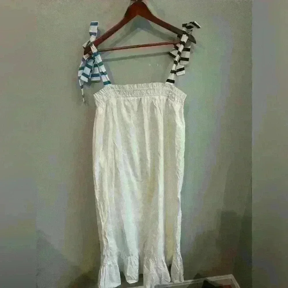 NWT Addison Bay White/Blue 100% Cotton Poplin Maxi Dress Women's Size Large - Picture 2 of 5